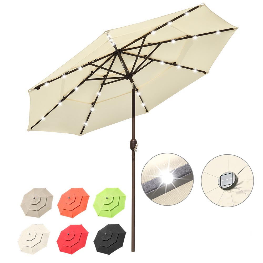 lighted patio umbrella Solar Patio Umbrella w/ Light Bulbs Tilt 3-Tiered 9ft 8-Rib