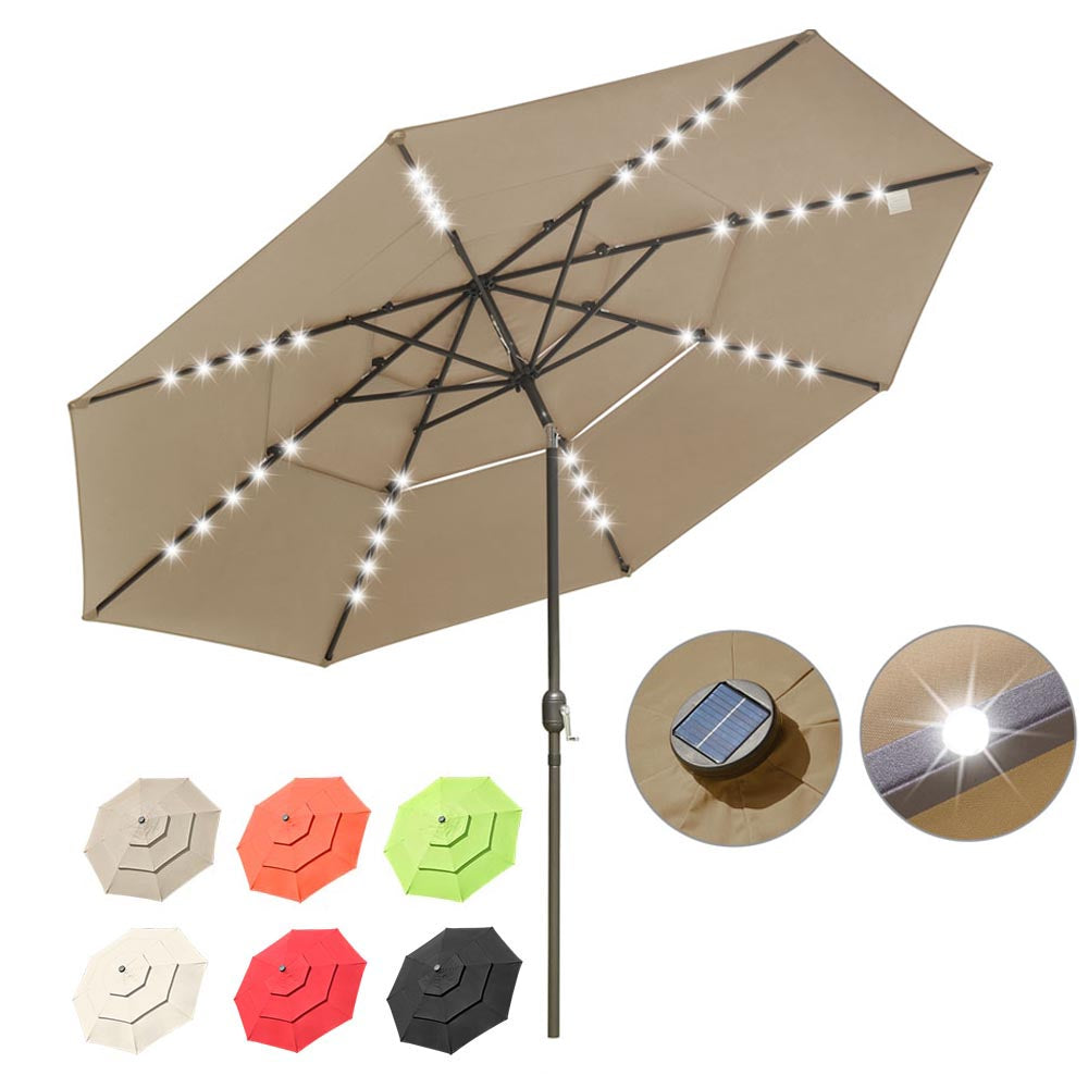 Solar Patio Umbrella w/ Light Bulbs Tilt 3-Tiered 11ft 8-Rib Solar Patio Umbrella w/ Light Bulbs Tilt 3-Tiered 11ft 8-Rib