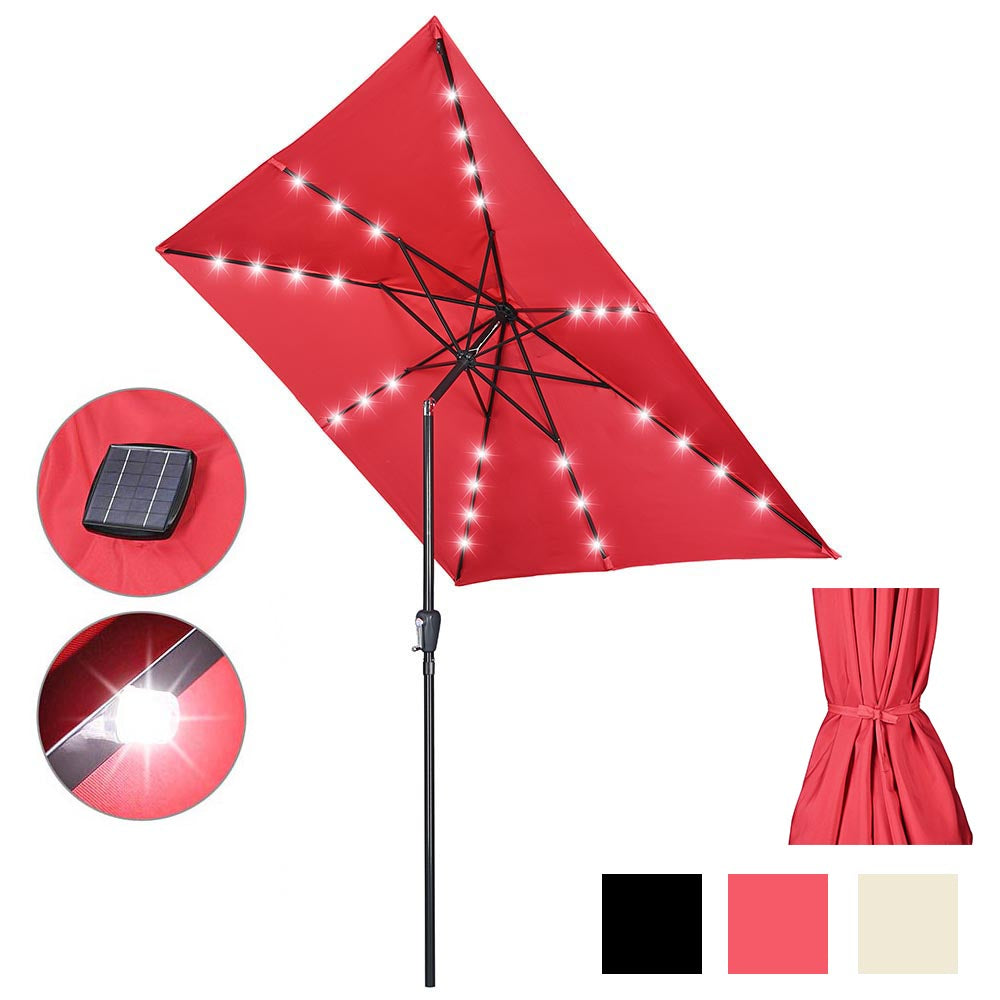 half patio umbrella red lights Square Solar Patio Umbrella w/ Light Bulbs Tilt 9ft 8-Rib
