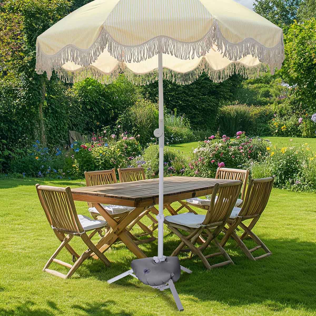6 chair umbrella patio set 6 ft 8-Rib Fringe Beach Umbrella Tilt with Weighted Base