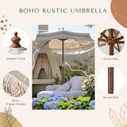 Patio Umbrella Wooden 7ft 8-Rib Tassel Boho