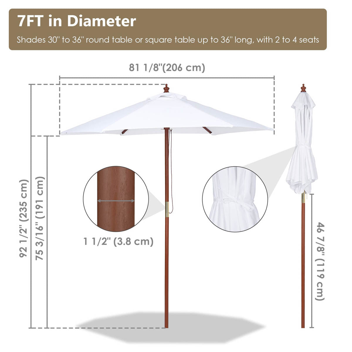 7 ft patio table umbrella Commercial Wooden Market Umbrella 7ft 6-Rib for Bistro/Events