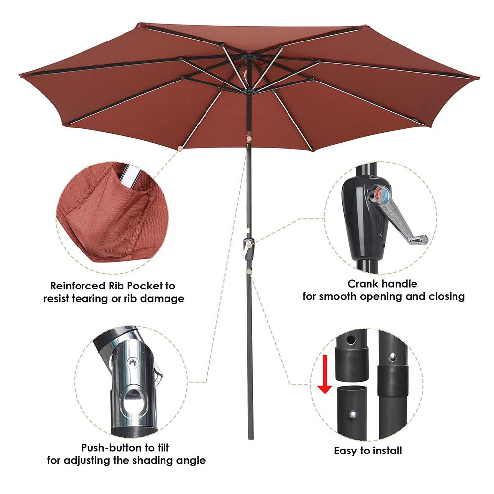flexible patio umbrella Solar Patio Umbrella with Light Tubes Tilt Metal 10ft 8-Rib
