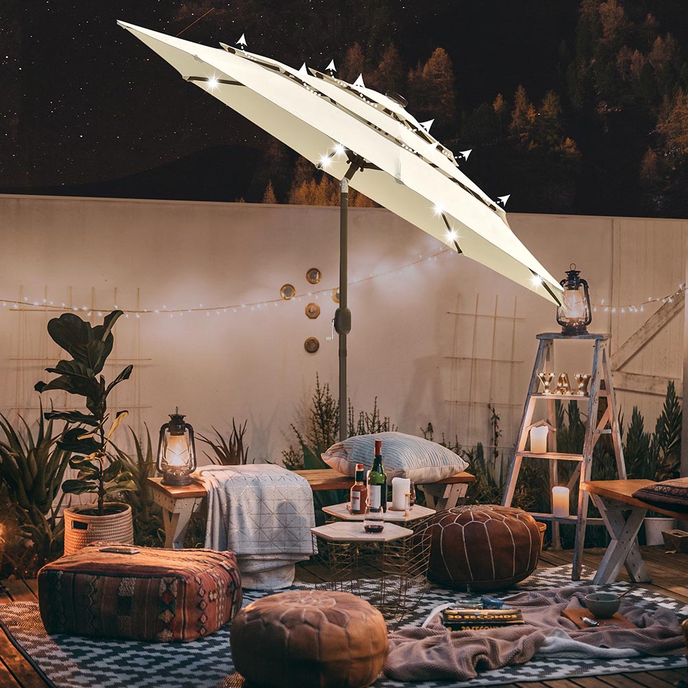 9 ft 8 rib patio umbrella string lights Solar Patio Umbrella w/ Light Bulbs Tilt 3-Tiered 9ft 8-Rib
