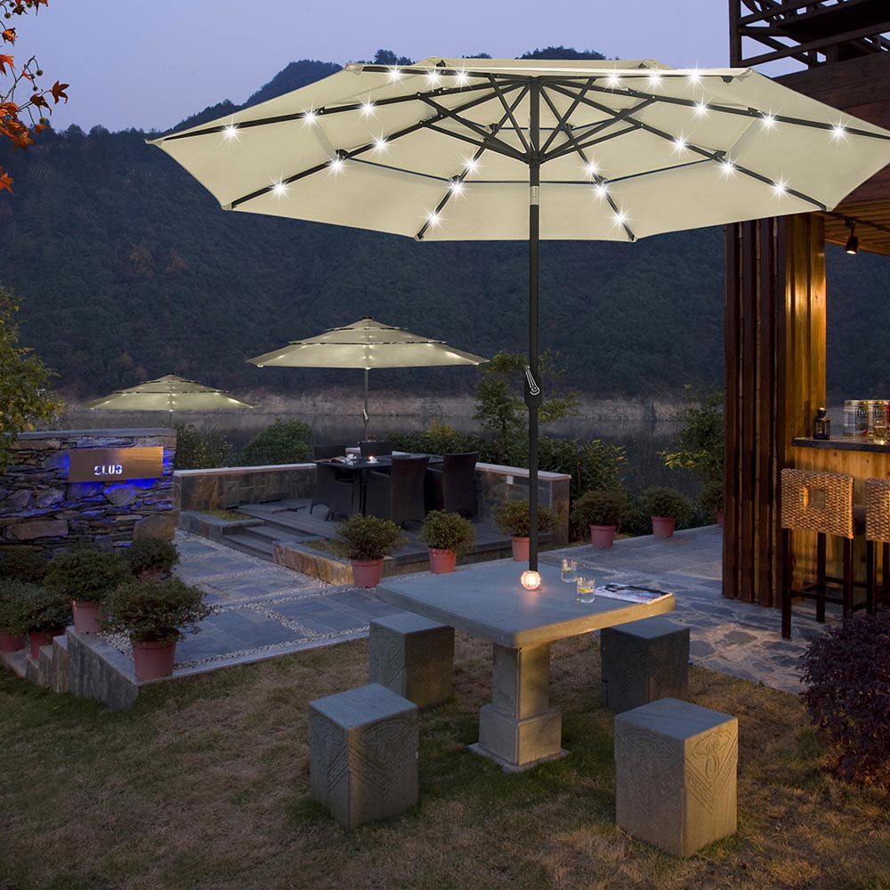 Solar Patio Umbrella w/ Light Bulbs Tilt 3-Tiered 9ft 8-Rib Solar Patio Umbrella w/ Light Bulbs Tilt 3-Tiered 9ft 8-Rib