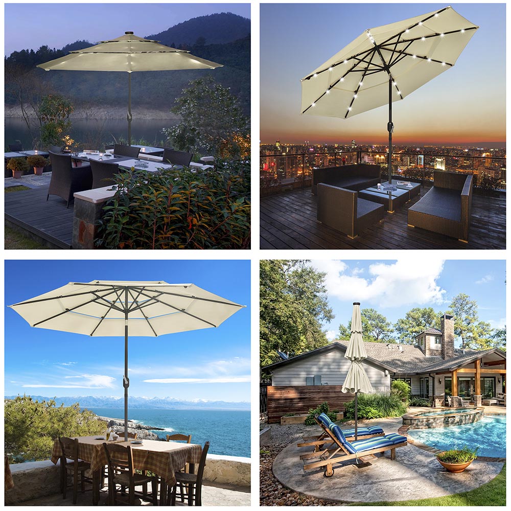 atleisure solar patio umbrellas Solar Patio Umbrella w/ Light Bulbs Tilt 3-Tiered 9ft 8-Rib