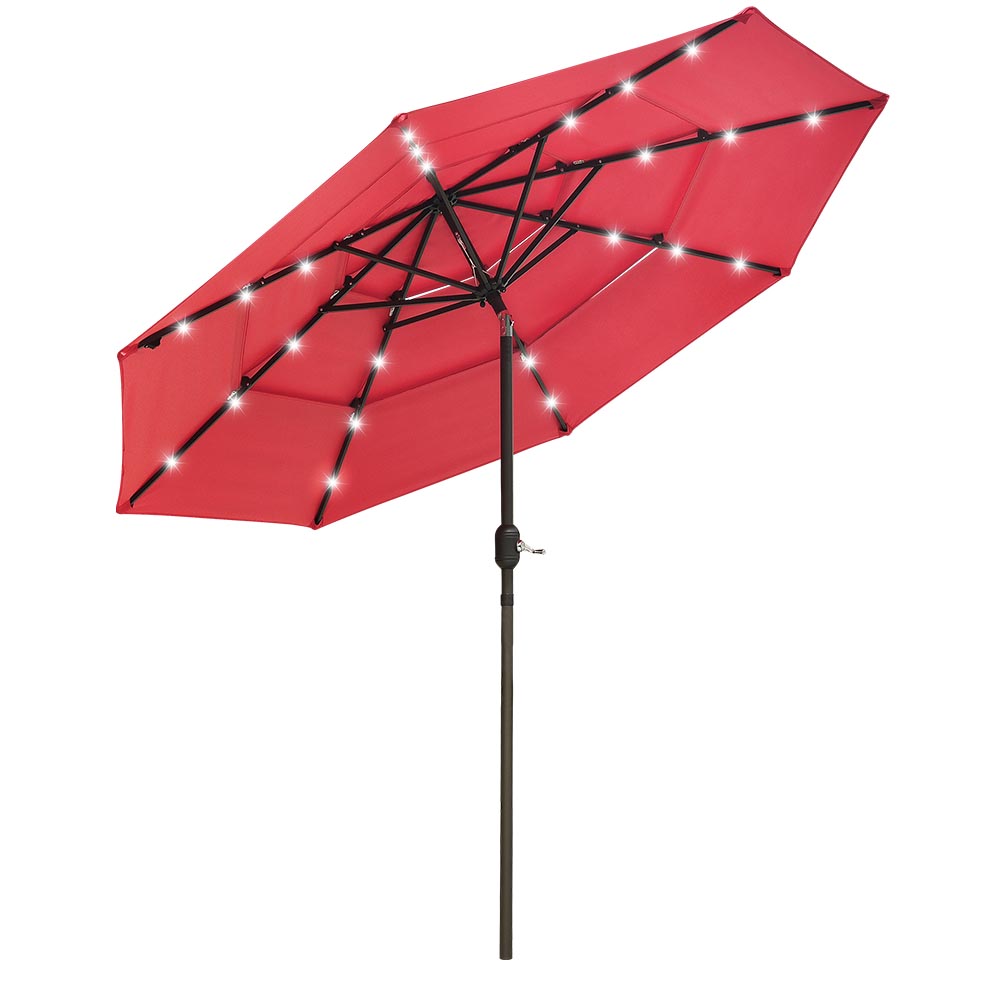 Solar Patio Umbrella w/ Light Bulbs Tilt 3-Tiered 9ft 8-Rib Solar Patio Umbrella w/ Light Bulbs Tilt 3-Tiered 9ft 8-Rib