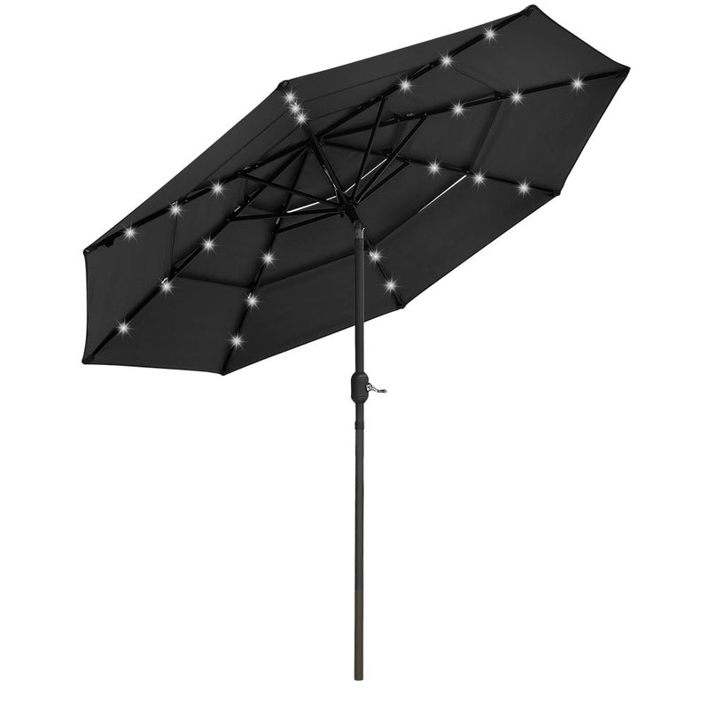 TheDisplayOutlet Solar Patio Umbrella w/ Light Bulbs Tilt 3-Tiered 9ft 8-Rib, Black Image