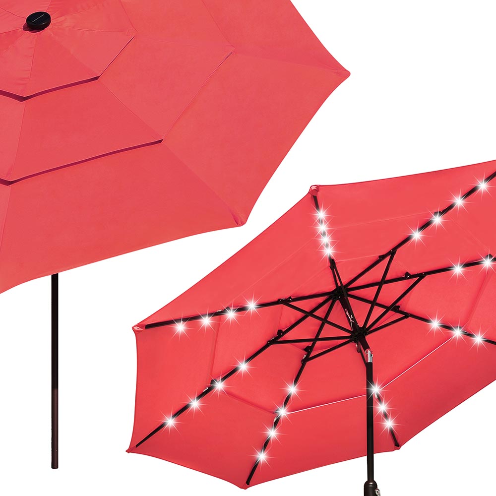 Solar Patio Umbrella w/ Light Bulbs Tilt 3-Tiered 10ft 8-Rib Solar Patio Umbrella w/ Light Bulbs Tilt 3-Tiered 10ft 8-Rib
