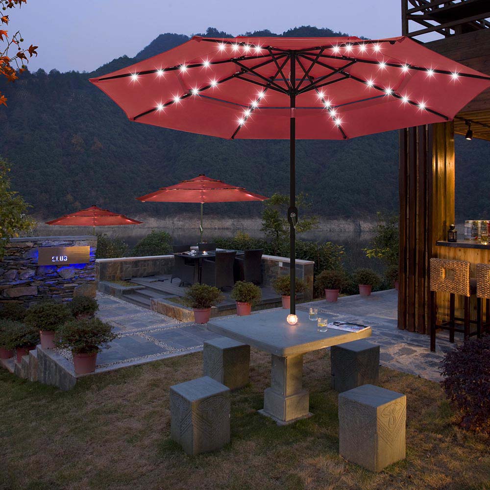 Solar Patio Umbrella w/ Light Bulbs Tilt 3-Tiered 10ft 8-Rib Solar Patio Umbrella w/ Light Bulbs Tilt 3-Tiered 10ft 8-Rib