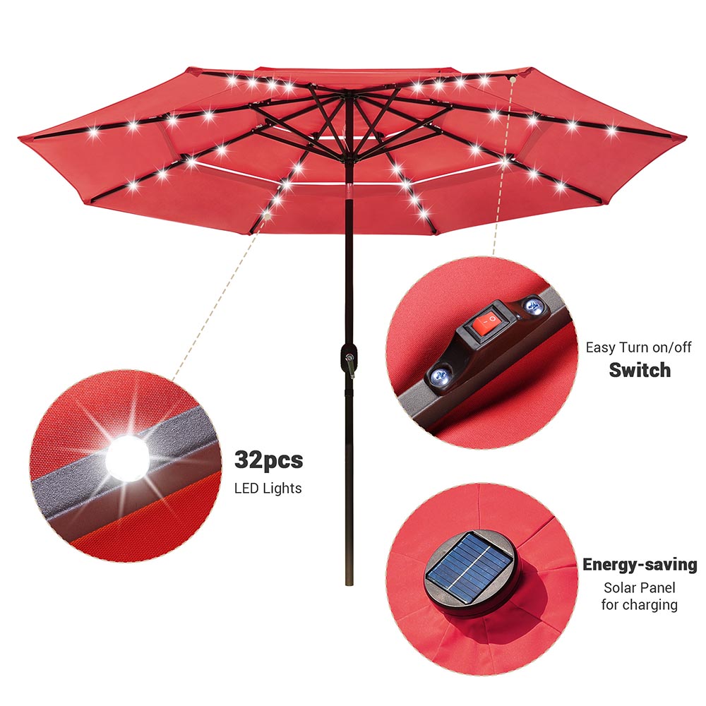 led patio umbrella switch Solar Patio Umbrella w/ Light Bulbs Tilt 3-Tiered 10ft 8-Rib