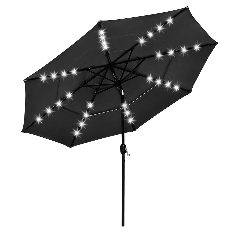 black patio umbrella with lights 9/10/11/12ft Solar LED Square Cantilever provide flexible sun coverage throughout the day MASTERCANOPY Patio Umbrella with 32
