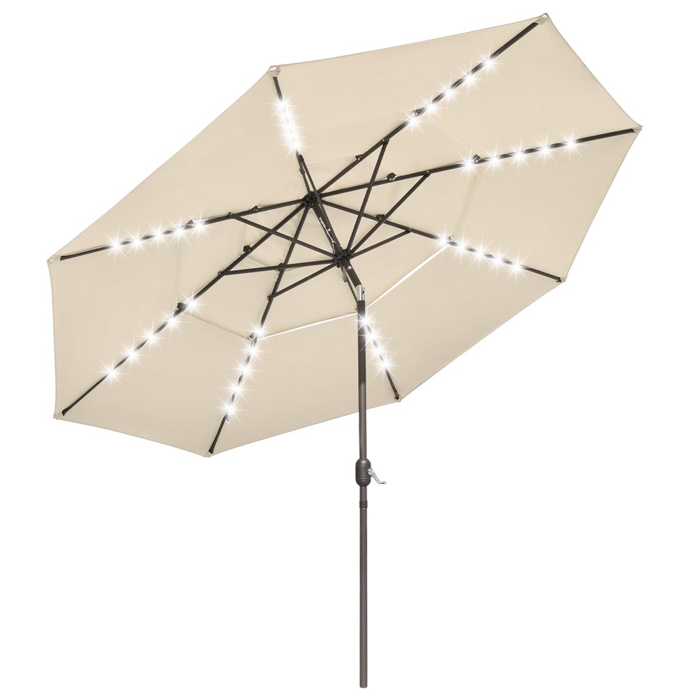 Solar Patio Umbrella w/ Light Bulbs Tilt 3-Tiered 11ft 8-Rib Solar Patio Umbrella w/ Light Bulbs Tilt 3-Tiered 11ft 8-Rib