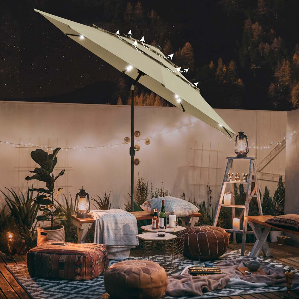 Solar Patio Umbrella w/ Light Bulbs Tilt 3-Tiered 11ft 8-Rib Solar Patio Umbrella w/ Light Bulbs Tilt 3-Tiered 11ft 8-Rib