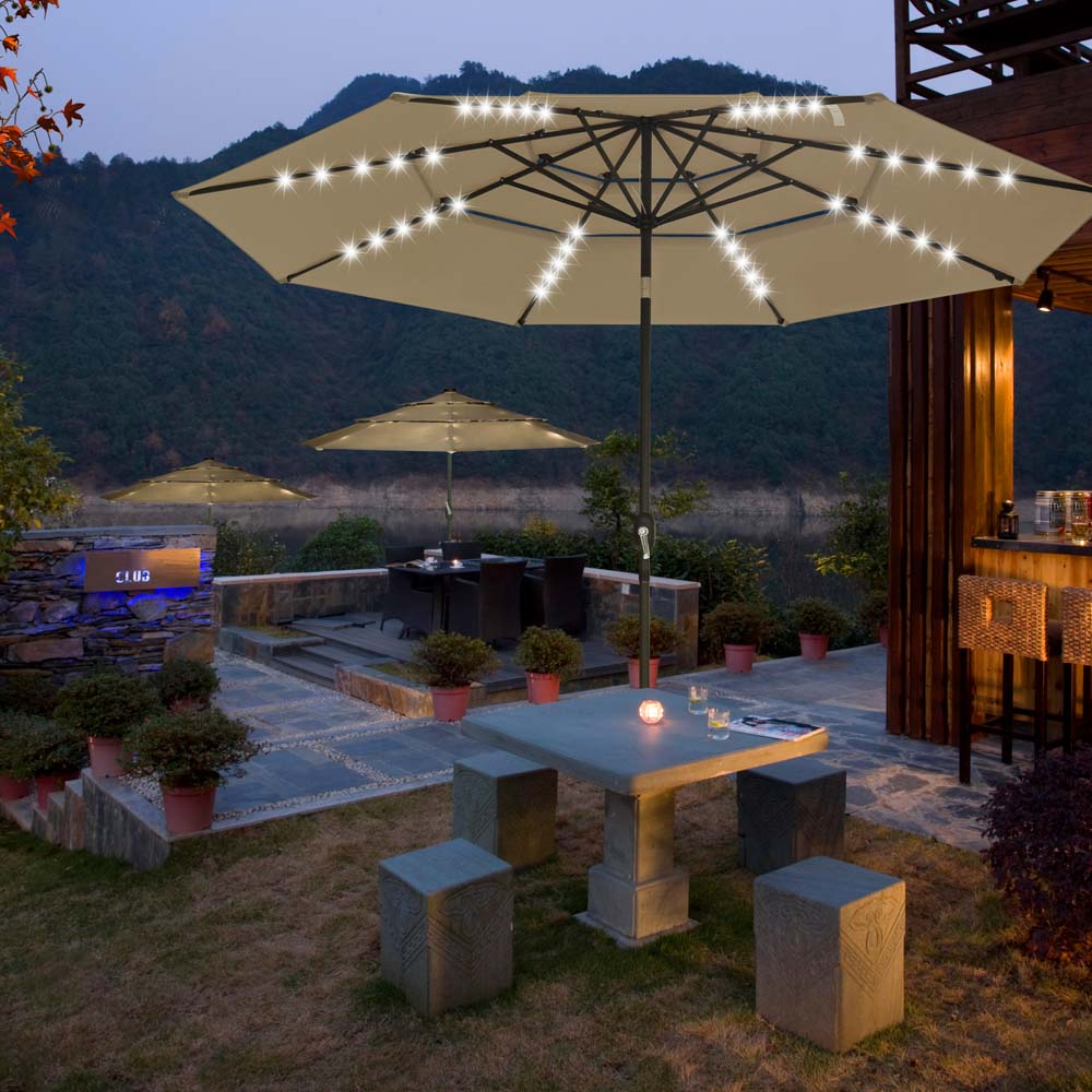 Solar Patio Umbrella w/ Light Bulbs Tilt 3-Tiered 11ft 8-Rib Solar Patio Umbrella w/ Light Bulbs Tilt 3-Tiered 11ft 8-Rib