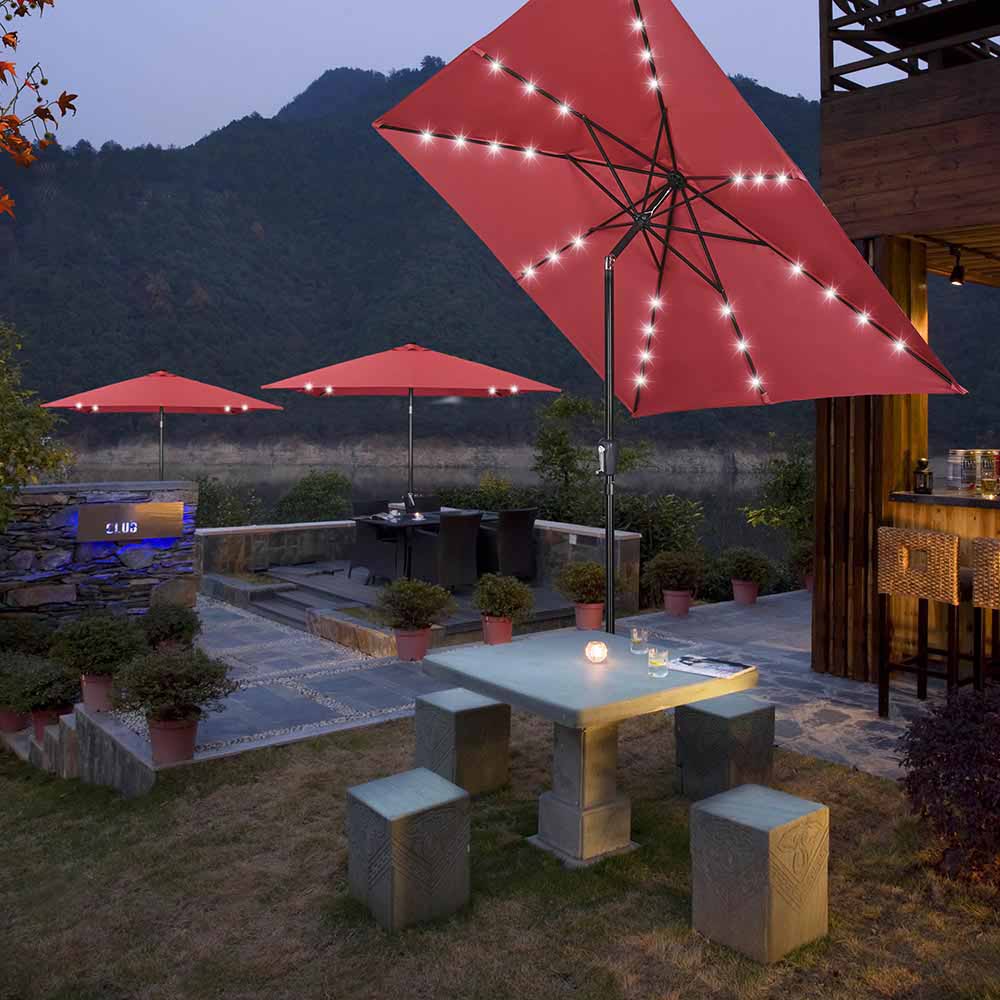 astonica 9 ft rectangular solar powered patio umbrella in scarlet Square Solar Patio Umbrella w/ Light Bulbs Tilt 9ft 8-Rib