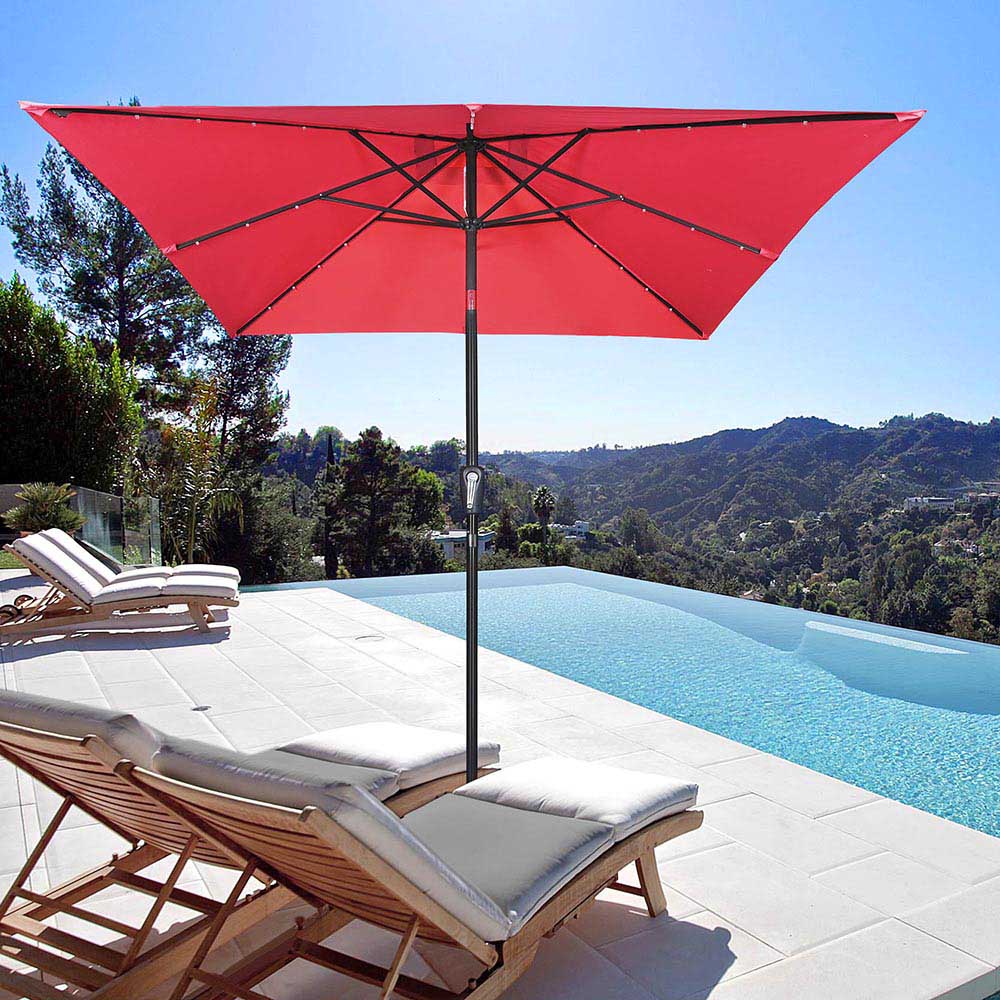 astonica 9 ft rectangular solar powered patio umbrella in scarlet Square Solar Patio Umbrella w/ Light Bulbs Tilt 9ft 8-Rib