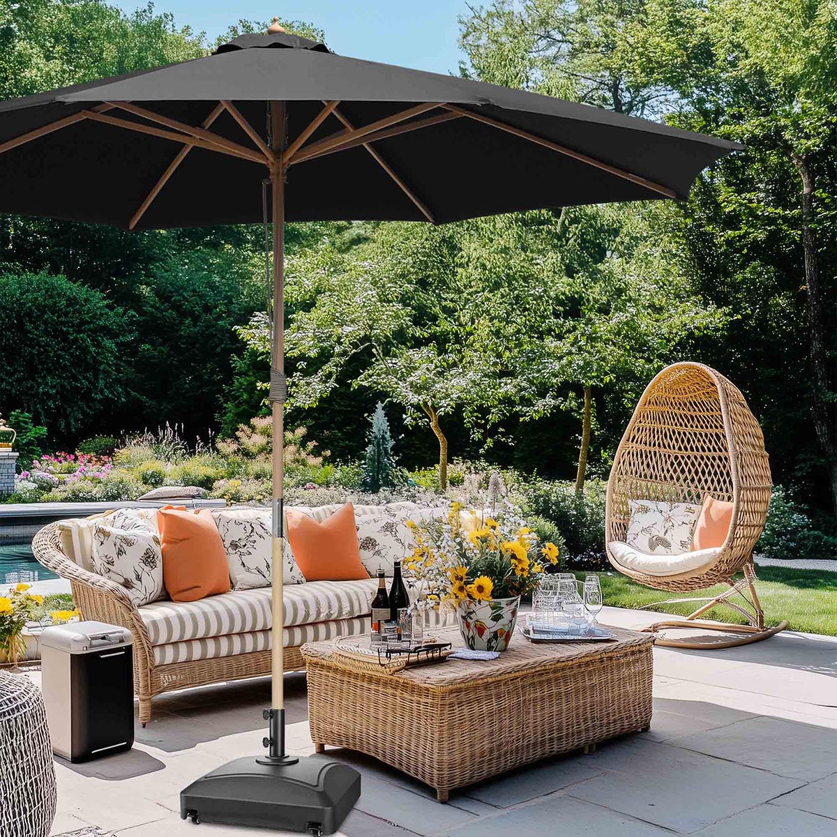 Patio Umbrella Wooden 13ft 8-Rib with Weighted Base Patio Umbrella Wooden 13ft 8-Rib with Weighted Base