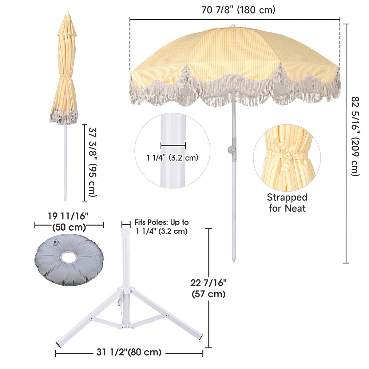 6 ft 8-Rib Fringe Beach Umbrella Tilt with Weighted Base