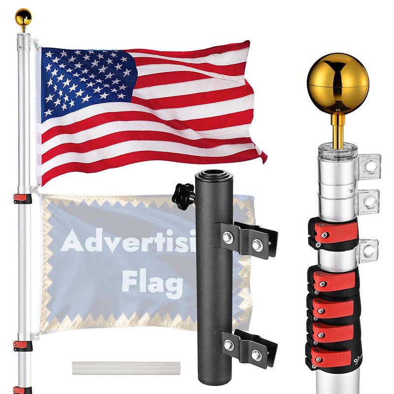 TheDisplayOutlet 20ft Telescopic Banner Poles with Mount, Silver Pole & Ladder Mount & 1 Flag Image