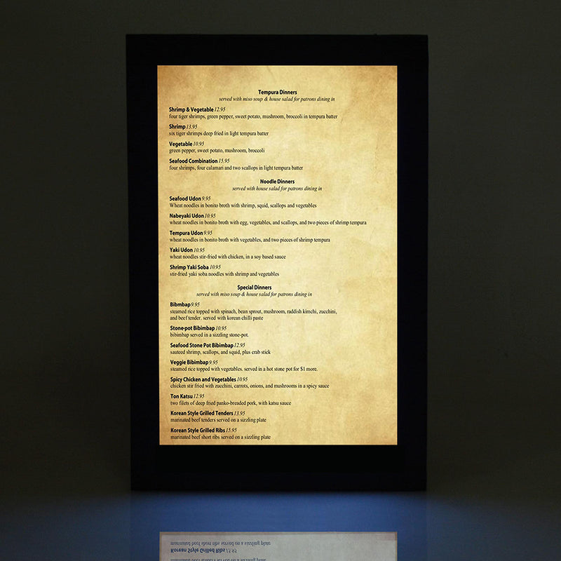 LED Menu Cover Illuminated Menus 8.5x14 with Adaptor