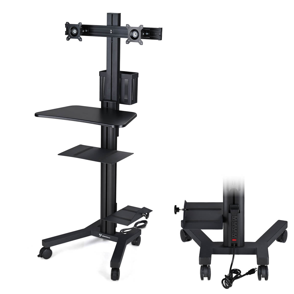 Side Computer Cart Mobile Computer Cart with Power Dual Monitor Mount