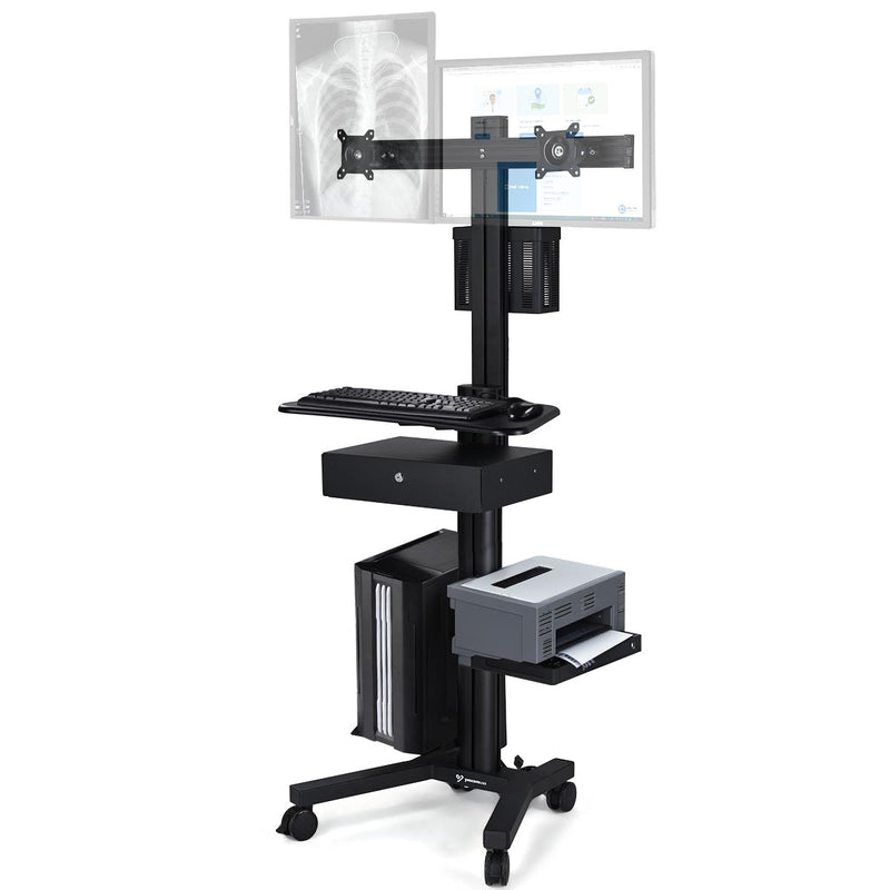 TheDisplayOutlet NexusX Mobile Computer Cart with Drawer, Dual Monitor Mount, Black Image