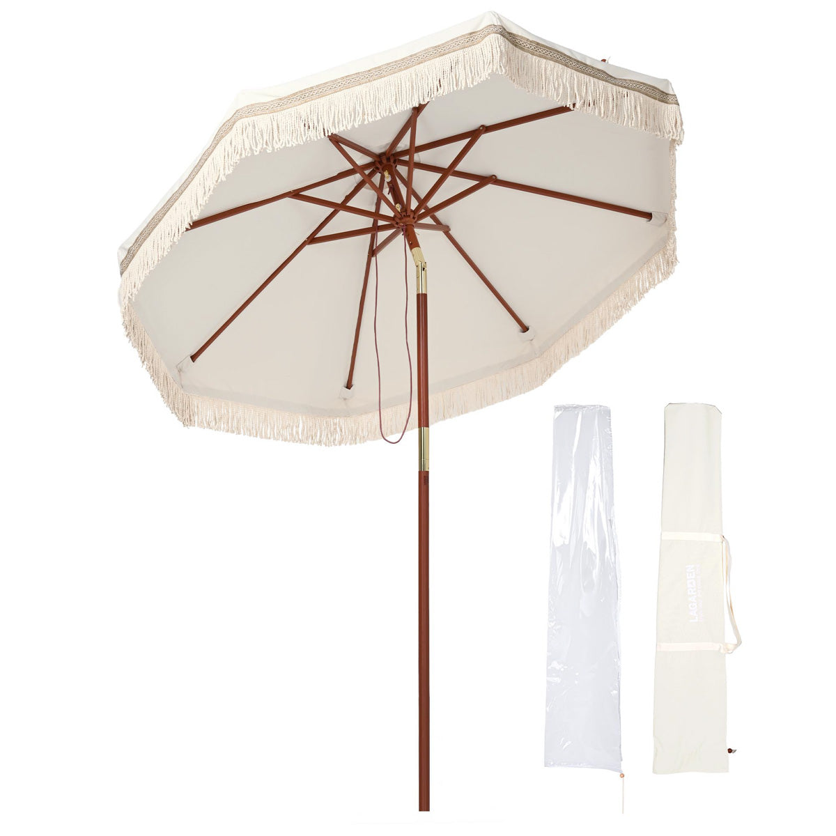 indian fringed patio umbrellas Patio Umbrella Wooden 7ft 8-Rib Tassel Boho 5-10yr