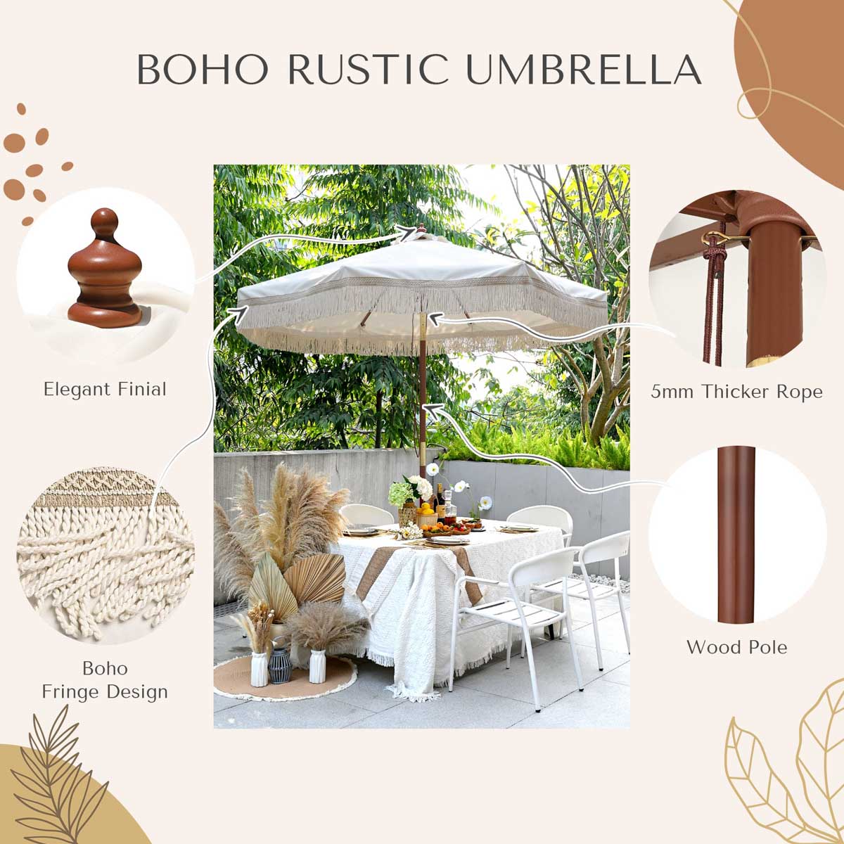 bohemian patio umbrella Patio Umbrella Wooden 7ft 8-Rib Tassel Boho 5-10yr