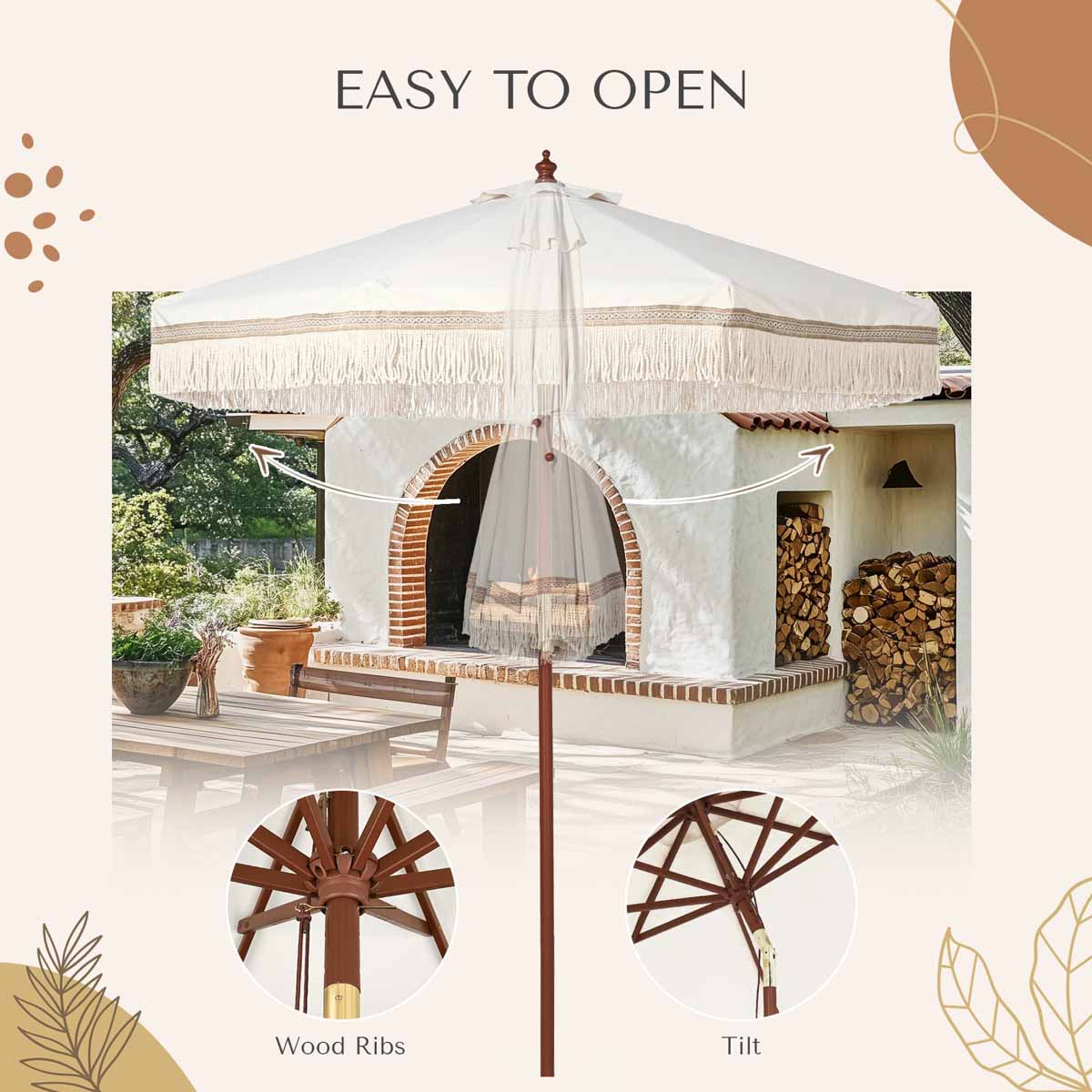 bohemian style patio umbrella Patio Umbrella Wooden 7ft 8-Rib Tassel Boho 5-10yr