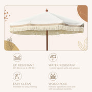 Patio Umbrella Wooden 7ft 8-Rib Beige Tassel Boho BH7-01P