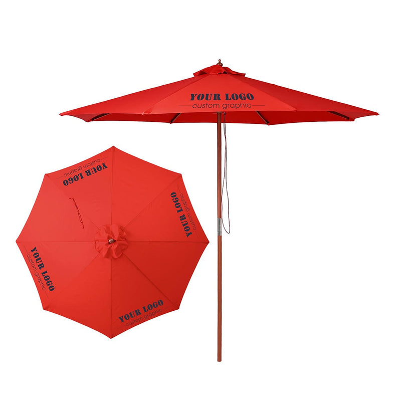 TheDisplayOutlet Patio Umbrella Wooden 9ft 8-Rib, Custom Printed Logo Image