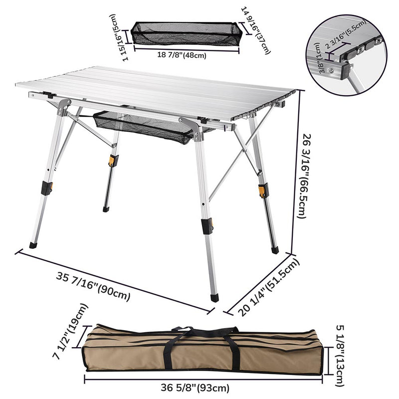 Folding Camping Table Roll Up Aluminum Adjust Height 35"x20"