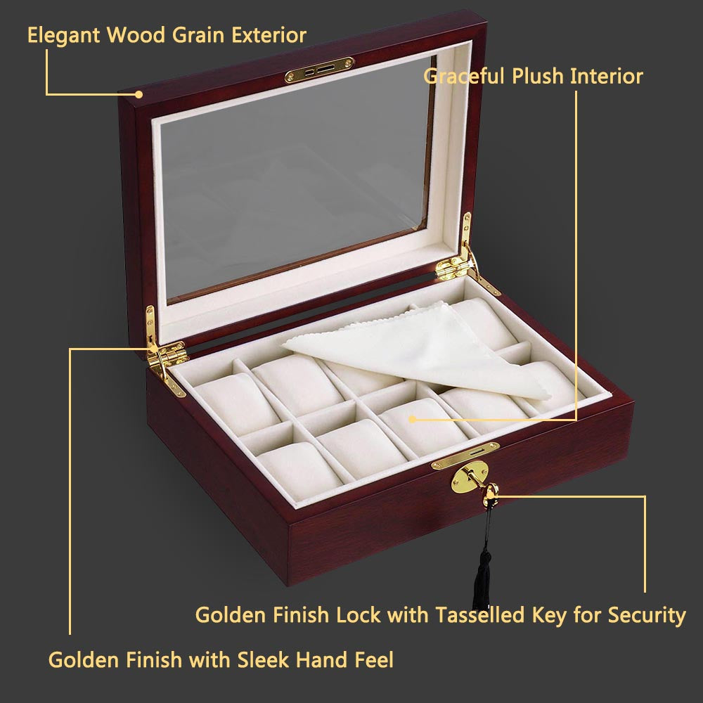 10-Slot Matte Finish Wood Watch Display Case